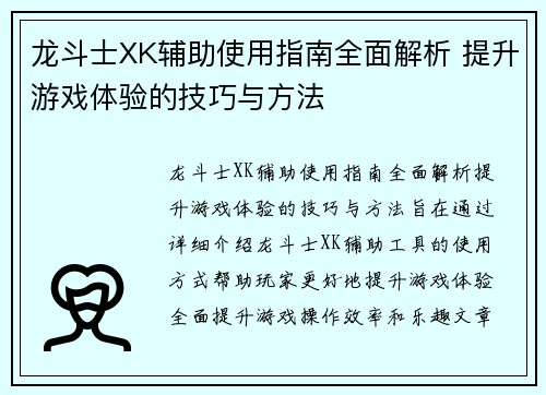 龙斗士XK辅助使用指南全面解析 提升游戏体验的技巧与方法